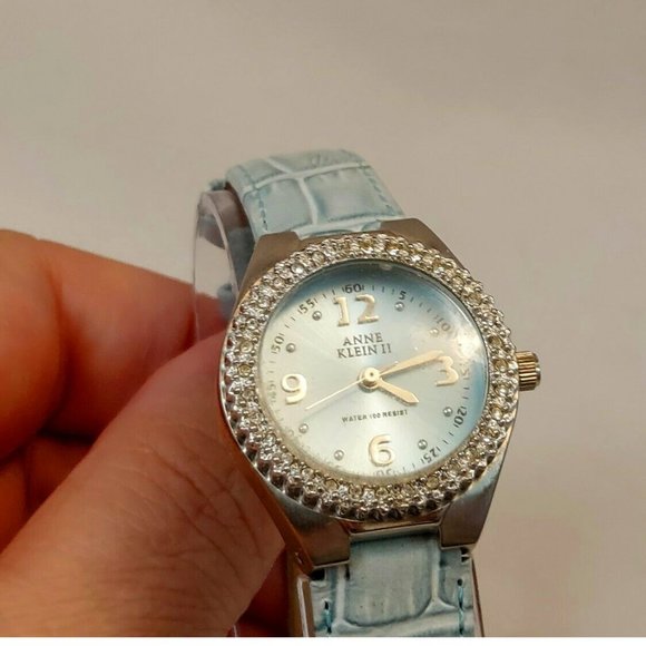 ANNE KLEIN II PEARL DIAL CRYSTAL BEZEL QUARTZ WATCH 10/3633 Blue Leather Band - Picture 1 of 8